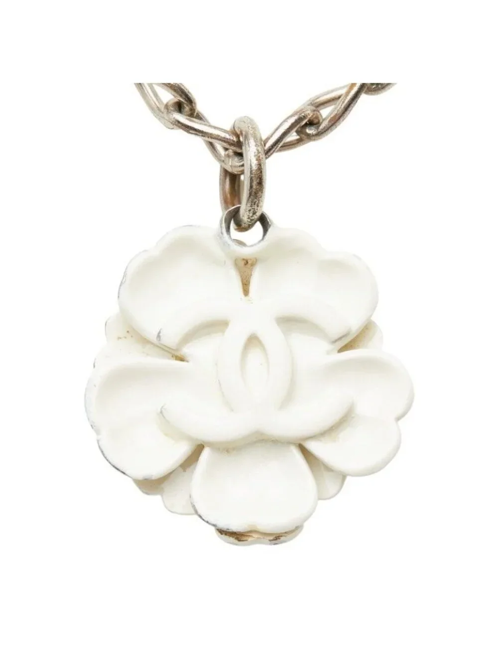 Chanel CC Logo Camellia Motif Necklace Silver White Metal